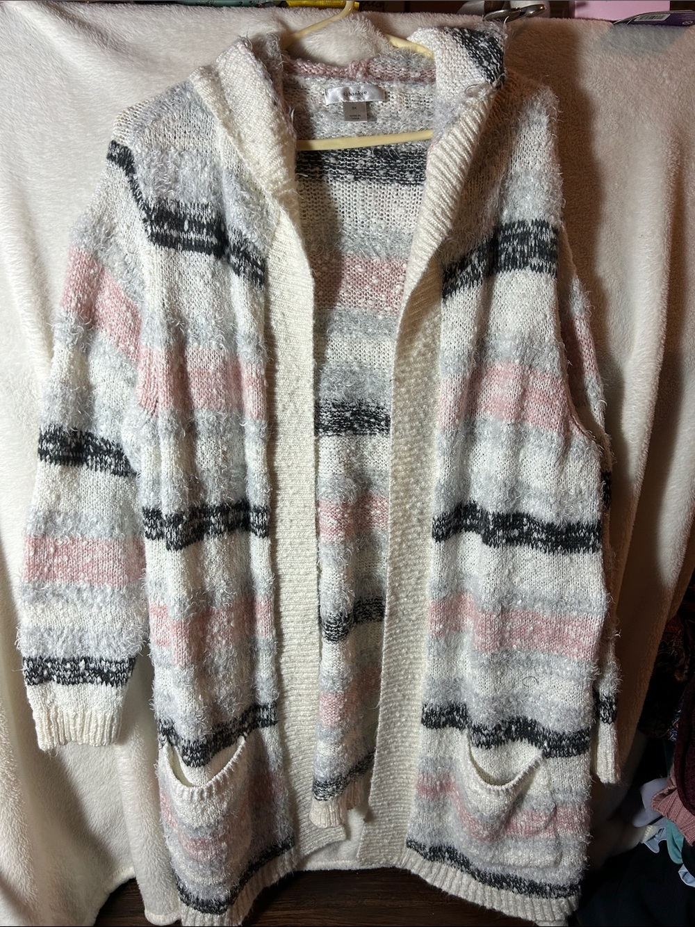 CJBanks 2X Cozy Hooded Stripe Cardigan Sweater - Cream, Pink & Gray